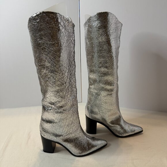 Schutz Maryana Block Crackled Leather Boot Silver Size 6 - Picture 7 of 12